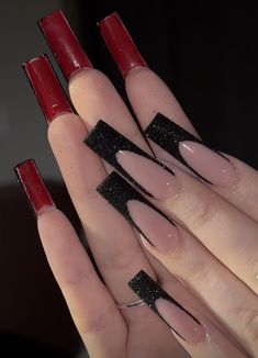 Red And Black Nail, Red Bottom Nails, Customized Nails, Long Square Nails, Tapered Square Nails, Black Acrylic Nails, Red Acrylic Nails, Tapered Square, Colored Acrylic Nails