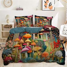 a bed with mushrooms and plants on it