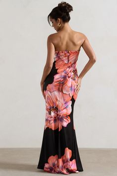 Fitted Bandeau Maxi Dress With Floral Print, Pink Bandeau Strapless Dress For Evening, Pink Strapless Bandeau Dress For Evening, Strapless Floral Print Evening Maxi Dress, Strapless Pink Floral Print Maxi Dress, Fitted Strapless Floral Maxi Dress, Strapless Pink Maxi Dress For Prom, Pink Strapless Prom Maxi Dress, Glamorous Strapless Dress With Floral Print