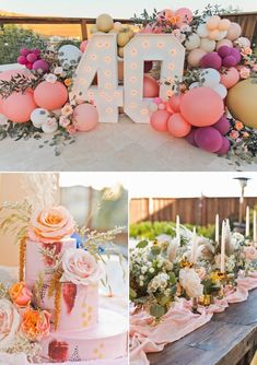 the table is decorated with balloons and flowers