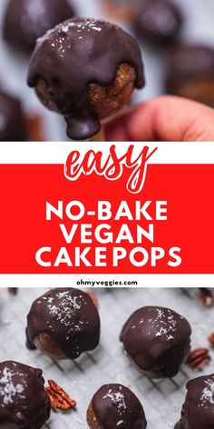 easy no - bake vegan cake pops with chocolate frosting and pecans