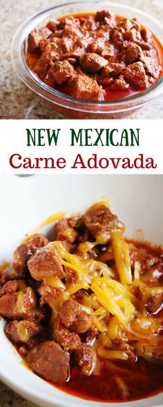 two bowls of chili and beef stew with the words new mexican carne adovada