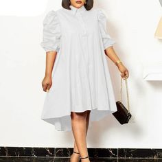 Women Knee-length Dress Casual Button Down 3/4 Sleeve Lapel Collar Shirt Dresses Casual Irregular Hem Baggy Sundress Spring Office Shirt Dress With Asymmetrical Hem, Half Sleeve Dresses With Button Closure, Half Sleeve Shirt Dress For Daywear, Knee Length Dresses Casual, European Casual, Button Down Shirt Dress, Collared Shirt Dress, Puff Sleeve Dress, Irregular Hem