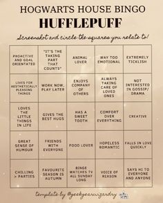 the hogwarts house bingo shuffle game is shown in black and white, with words on it