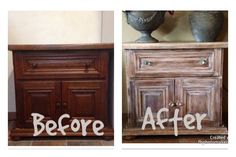 before and after photos of an old wooden dresser with the word'before'painted on it