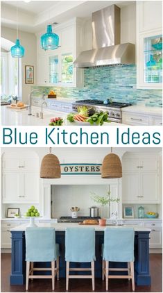 Blue Kitchen Design Ideas for Coastal Style Living Navy And Turquoise Kitchen, Coastal Blue Kitchen Cabinets, Coastal Farmhouse Kitchen Ideas, Sea Blue Kitchen, Kitchen With Teal Accents, Turquoise Kitchen Ideas, Beach Kitchen Ideas Coastal Colors, Kitchen Themes Ideas