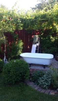 an old bathtub in the middle of a garden