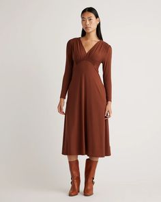 Tencel Jersey V-Neck Long Sleeve Midi Dress Brown Maxi Dresses, Ethical Clothing Brands, Empire Waistline, Navy And Brown, Ethical Clothing, Sleeve Midi Dress, Long Sleeve Midi, Long Sleeve Midi Dress, Classic Silhouette