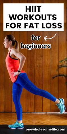 a woman in blue leggings and an orange top with the words hit workouts for