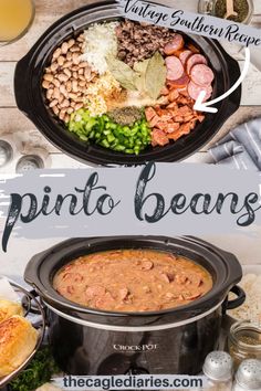 two pictures showing different types of food in a crock pot and the words, pinto beans