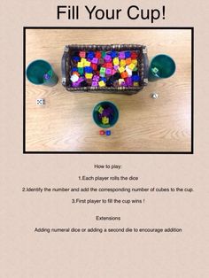 a flyer for a children's game called fill your cup with cubes and dices