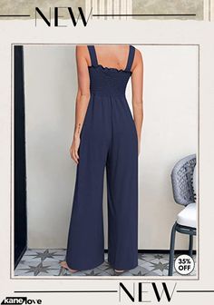 Smocked Wide Leg Jumpsuit Rompers with Pockets Sleeveless Solid Jumpsuits And Rompers With Smocked Bodice, Summer Solid Ruched Jumpsuits And Rompers, Solid Ruched Jumpsuits And Rompers For Summer, Solid Jumpsuits And Rompers With Smocked Bodice For Beach, Stretch Sleeveless Jumpsuits And Rompers With Smocked Bodice, Casual Smocked Bodice Jumpsuits And Rompers, Solid Color Jumpsuit With Smocked Bodice For Beach, Summer Stretch Jumpsuits With Smocked Back, Blue Sleeveless Jumpsuits And Rompers With Smocked Bodice