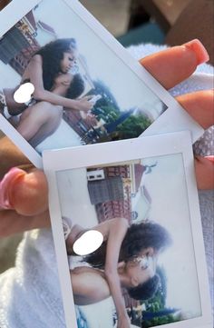 two polaroids are being held up to show the same person's body