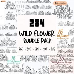 the wild flower bundle is shown in black and white, with different font styles on it