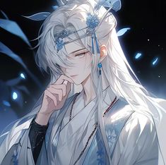 an anime character with white hair and blue eyes