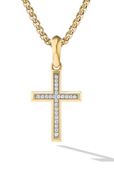 Brilliant diamonds fill the channels that form this stunning cross pendant set in 18-karat gold. Enhancer only; chain sold separately Total diamond weight: 0.16ct. 18k gold/diamond Imported >Diamond Guide Yellow Gold Diamond Cut Cross Necklace, Formal Yellow Gold Cross Necklace With Diamond Accents, Yellow Gold Cross Diamond Necklace With Diamond Accents, Yellow Gold Cross Diamond Necklace With Accents, Cross-shaped Yellow Gold Diamond Necklace, Yellow Gold Diamond Cross Necklace, Formal Yellow Gold Diamond Cross Necklace, Diamond Crucifix Cross Necklace In Yellow Gold, Yellow Gold Pendant Cross Necklace With Diamond Accents