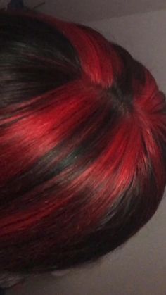 Red Roots Brown Hair, Black And Red Striped Hair, Black And Red Hair Stripes, Red And Black Raccoon Hair, Striped Hair Dye, Red Chunky Highlights In Brown Hair, Black Hair With Red Underneath Wolfcut, Red Hair Black Roots, Red And Black Chunky Highlights