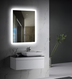 a bathroom with a sink, mirror and plant in it