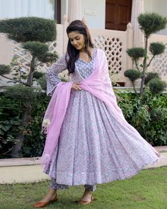 Cotton Pink & Purple Hand Block Print Anarkali Kurta Set - Ria Fashions Anarkali Palazzo Set With Block Print And Long Sleeve, Transitional Cotton Palazzo Set With Long Sleeves, Eid Bandhani Print Anarkali Set With Long Sleeves, Long Sleeve Block Print Sharara For Navratri, Festive Block Print Anarkali Set, Long Sleeve Anarkali Set With Bandhani Print For Eid, Long Sleeve Bandhani Anarkali Set For Eid, Festive Long Sleeve Anarkali Set With Block Print, Cotton Anarkali Palazzo Set