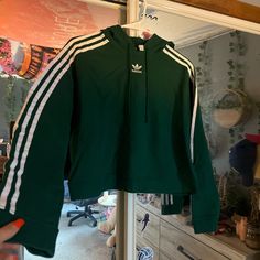 - Practically Brand New Sporty Green Hoodie For Fall, Green Sporty Hooded Top, Sporty Green Hooded Top, Fall Long Sleeve Hoodie With Three Stripes, Green Sweatshirt Outfit, Green Adidas, Green Sweatshirt, Sweatshirt Outfit, Adidas Hoodie