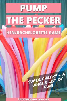 Image of long, thin balloons. Text overlay: Pump the Pecker Hen/Bachelorette Game. Super cheeky and a whole lot of fun! Best Hens Party Ideas, Hens Night Games Hilarious, Funny Hens Party Games, Hens Party Food Ideas, Funny Bachelorette Games Hilarious, Hilarious Bachelorette Games, Bachelorette Party Games Raunchy, Hens Party Ideas Games, Hens Party Food