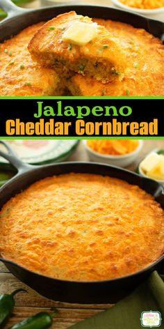 jalapeno cheddar cornbread in a cast iron skillet and topped with melted cheese