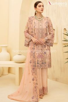 Buy Pakistani Party Dresses-Deepak Perwani Peach Salwar Kameez Latest 2021-Pakistani Party Wear With Sequins, Thread, Stones Embroidery In USA, UK, Canada, Australia Visit Now : www.NameerabyFarooq.com or Call / Whatsapp : +1 732-910-5427 New Eid Dress, Organza Sleeves, Eid Dresses, Embroidered Chiffon, Chiffon Collection, Embroidered Organza, Pure Chiffon, Silk Trousers, Lawn Suits