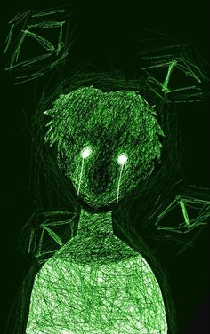 an abstract drawing of a person with green lights in their eyes and hands on his chest