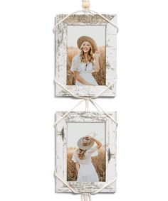 two white frames hanging on a rope with an image of a woman wearing a hat