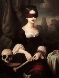 a painting with a blindfolded woman sitting in front of a skull and bones