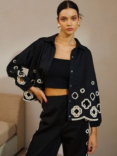 DETAILS
Composition: 100% Cotton
Design: Embroidery
Style: Casual
Thickness: Regular
Sheer: No
Material: Cotton
Sleeve Length: 3/4 Length Sleeve
Neckline: Collar
Occasion: Leisure, Vacation Black Cotton Top With Geometric Embroidery, Festive Black Embroidered Top With Floral Details, Black Bohemian Embroidered Top, Black Embroidered V-neck Top For Summer, Black Cotton Folk Embroidered Top, Fit Clothes, Boho Embroidery, Split Long Dress, Elegant Embroidery