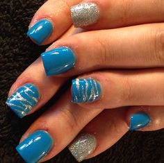 Silver And Blue Nails Ideas, Blue Dip Nail Designs, Detroit Lions Nails, Accent Acrylic Nails, Stylish Nails Blue, Lion Nails, Flared Nails, Paw Nails, Sports Nails