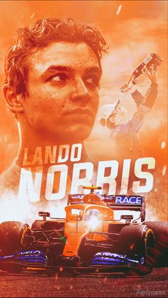 a man standing next to a race car in front of an orange sky with the words lando nouris on it