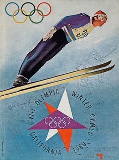 an olympic winter games poster shows a skier in mid air, with the olympic emblem above them