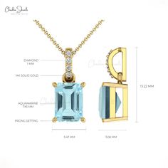 Description This stunning AAA quality natural Aquamarine with the dazzling white diamond Dangling of I1-I2/G-H clarity & color is crafted in 14k solid gold. A Emerald Cut Octagon Aquamarine gemstone set with 4-prongs settings surround with diamonds. Aquamarine is an official birthstone for the month of March and a symbol of balance, hope, and peace. The 7X5mm Octagon gemstone is flanked by 4 pcs of dazzling 1.10mm white diamonds together to create a Dangling frame. The gold chain shown in pictur Elegant Gold Gemstones Gia Certified, Elegant Gia Certified Gold Gemstones, Elegant Gold Gia Certified Gemstones, Exquisite Yellow Gold Gia Certified Jewelry, Gia Certified Yellow Gold Necklace As A Gift, Exquisite Gia Certified Yellow Gold Jewelry, Diamond Gemstones With Diamond Accents For Gifts, Diamond Gemstones With Diamond Accents As Gift, Gift Gemstones With Diamond Accents