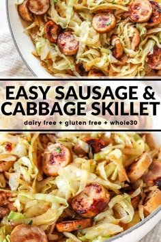 sausage and cabbage skillet with text overlay