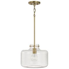 an antique brass and clear glass pendant light with a gold chain hanging from the ceiling