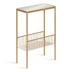 a white and gold metal shelf with a basket underneath it on an isolated white background