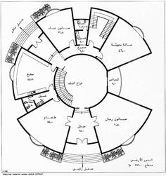 a drawing of a circular house with lots of windows and stairs in the floor plan