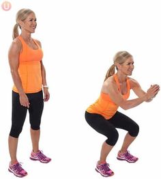 a woman doing squats with her hands in the air, and another standing on one leg