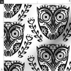 black and white pattern with an owl on it