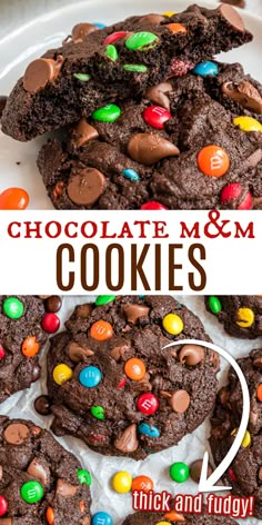 chocolate m & m cookies are stacked on top of each other and the title reads, chocolate m & m cookies thick and fudge