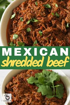 mexican shredded beef in a white bowl with cilantro and parsley on top