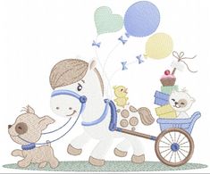 a horse pulling a baby carriage with two dogs on it and balloons flying in the air