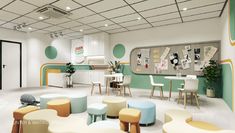 the interior of an office decorated in pastel colors and modern furniture, including stools