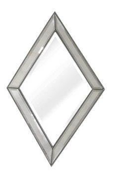 a mirror that is on the wall with a diamond shaped frame and silver trimmings