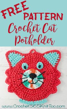 a crocheted cat potholder pattern with the words, free crochet cat pot holder pattern