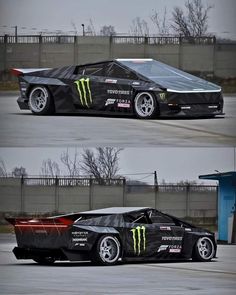 two pictures of a car with monster logo on the front and side, in different positions