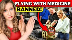 a woman standing in front of a baggage claim with the words flying with medicine banned