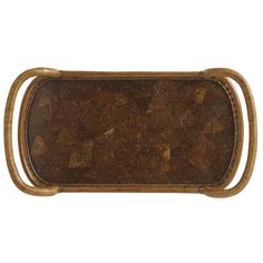 an old wooden tray with handles on the top and bottom is shown in brown leather